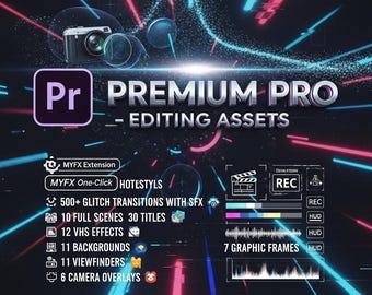 Premiere Pro 500+ glitchovergangen en SFX-bundel | MYFX-voorinstellingen met één klik, VHS-overlays