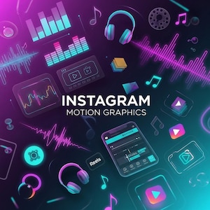 May include: A digital illustration with a dark background featuring music-related icons. The image includes headphones, musical notes, sound wave visualizations, and a smartphone displaying a video editing interface. The text "INSTAGRAM MOTION GRAPHICS" is prominently displayed.