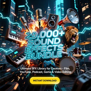 Puede incluir: Gráfico digital promocionando un paquete de efectos de sonido. La imagen presenta un fondo de paisaje urbano con instrumentos musicales, un león rugiendo y el texto "29,000+ SOUND EFFECTS BUNDLE." Texto adicional dice "Ultimate SFX Library for Creators" y "INSTANT DOWNLOAD."