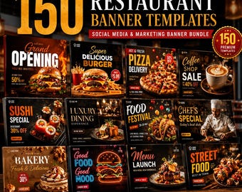 レストラン向けバナーテンプレート150種類セット｜食品プロモーション用チラシ、カフェのソーシャルメディア投稿、メニュー広告、編集可能なCanvaマーケティングテンプレート