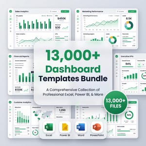 Può includere: Grafica digitale che mostra un "Pacchetto di modelli di dashboard 13.000+". L'immagine presenta grafici di vendita, marketing e report finanziari. Sono presenti anche icone di Excel, Power BI, Word e PowerPoint.