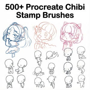 May include: An image with the text "500+ Procreate Chibi Stamp Brushes" above sketches of chibi characters and blank chibi bodies in various poses. The sketches are in blue, pink, and red.
