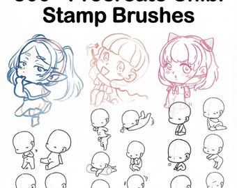 Bundel 500+ Procreate Chibi-stempelborstels | Kawaii-personagebouwer, chibi-gezichten, lichamen, haar, uitdrukkingen