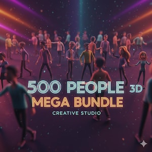 May include: A digital illustration showing a crowd of 3D figures. The text "500 PEOPLE 3D MEGA BUNDLE" is in neon lettering, with "CREATIVE STUDIO" underneath. The background features streaks of coloured light, creating a vibrant atmosphere.