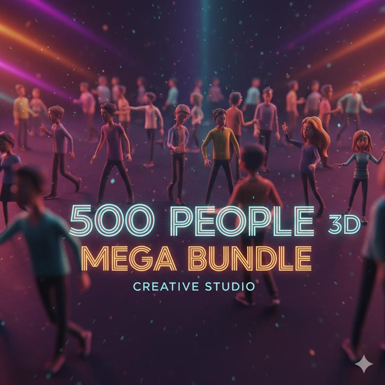 May include: A digital illustration showing a crowd of 3D figures. The text "500 PEOPLE 3D MEGA BUNDLE" is in neon lettering, with "CREATIVE STUDIO" underneath. The background features streaks of coloured light, creating a vibrant atmosphere.