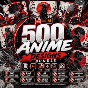 Op de afbeelding: Een digitaal pakket van 500 anime-ontwerpen met diverse illustraties van samoerai en personages in rood, zwart en wit. De afbeelding bevat de tekst 500 ANIME DESIGNS BUNDLE, samen met iconen voor PNG, Ai, SVG, vector, gelaagde en transparante bestandsformaten.