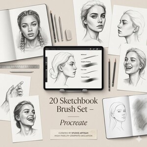 May include: An artistic display featuring a digital tablet with a drawing, sketchbooks, pencils, and sketches of women's faces. The tablet displays brush strokes and the text "20 Sketchbook Brush Set - Procreate". The image includes the text "Curated by Studio Artisan High-Fidelity Graphite Emulation".