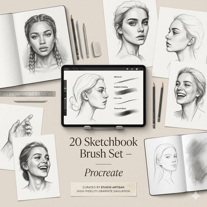 May include: An artistic display featuring a digital tablet with a drawing, sketchbooks, pencils, and sketches of women's faces. The tablet displays brush strokes and the text "20 Sketchbook Brush Set - Procreate". The image includes the text "Curated by Studio Artisan High-Fidelity Graphite Emulation".