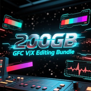 Op de afbeelding: Een digitale afbeelding met de tekst "200GB GFC V|X Editing Bundle" in een futuristische stijl. De afbeelding bevat neonblauwe en rode accenten, grafische gebruikersinterface-elementen en een bedieningspaneel.