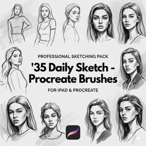 May include: A digital art product advertisement featuring pencil sketches of women. The text reads "Professional Sketching Pack" and "'35 Daily Sketch - Procreate Brushes" for iPad and Procreate. The Procreate logo is also visible.