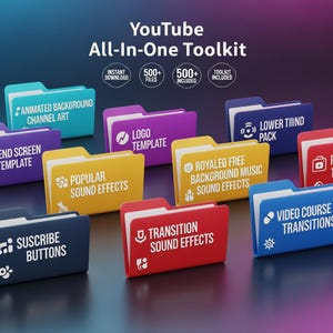 May include: A digital toolkit graphic with the text "YouTube All-In-One Toolkit." The image features folders labeled "Animated Background Channel Art," "Logo Template," "Popular Sound Effects," and more. Includes "500+ Files" and "Toolkit Included" text.
