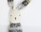 small bunny rattle in white and patterned upcycled wool - one of a kind - handmade in montreal - eco friendly natural toy