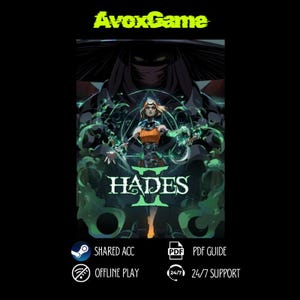 May include: A promotional image for the video game Hades II. The artwork features a central female figure in orange and black attire, surrounded by green ethereal elements. The game's title is prominently displayed, with the text "AvoxGame" at the top.