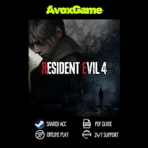 Puede incluir: Imagen promocional del videojuego Resident Evil 4. La imagen presenta a un hombre con un abrigo oscuro, con el título del juego en rojo y blanco. El logotipo de AvoxGame está en la parte superior, con iconos y texto en la parte inferior.