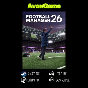 Puede incluir: La portada de Football Manager 26 muestra a una persona con un abrigo azul celebrando en un campo de fútbol. El título y el número del juego se muestran de forma destacada. Texto adicional incluye "SHARED ACC", "OFFLINE PLAY", "PDF GUIDE" y "24/7 SUPPORT". El logo de AvoxGame está en la parte superior.