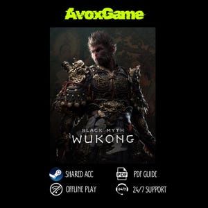Op de afbeelding: Promotieafbeelding voor "Black Myth: Wukong" met een gedetailleerde karakterillustratie van een aapachtige krijger in sierlijke bepantsering. De speltitel en "AvoxGame" worden weergegeven, samen met pictogrammen voor gedeeld account, offline spelen, PDF-gids en 24/7 ondersteuning.