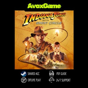 May include: Promotional image for the video game "Indiana Jones and the Great Circle." The artwork features Harrison Ford as Indiana Jones, with other characters and a map background. The AvoxGame logo is at the top. Text includes "SHARED ACC," "OFFLINE PLAY," "PDF GUIDE," and "24/7 SUPPORT."
