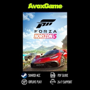 Puede incluir: Imagen promocional del videojuego Forza Horizon 5. El logotipo del juego se muestra de forma destacada, con un coche deportivo rojo y un SUV gris corriendo en una carretera panorámica. El texto incluye "Shared Acc", "Offline Play", "PDF Guide" y "24/7 Support".