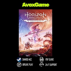 Può includere: Copertina del gioco Horizon Forbidden West Complete Edition. L'artwork presenta una donna con un'arma, sullo sfondo di creature e paesaggi futuristici. Il testo "AvoxGame" è in alto.