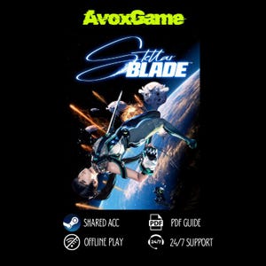 Puede incluir: Un fondo negro presenta el título del juego "Stellar Blade" con un personaje femenino futurista en una pose dinámica. El logotipo de AvoxGame está en la parte superior. Los iconos indican cuenta compartida, juego sin conexión, guía PDF y soporte 24/7.