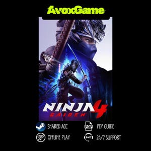 May include: Promotional image for "Ninja Gaiden 4" video game. The artwork features a ninja in a dark outfit with a sword, set against a dark background. The game's title is prominently displayed, along with the "AvoxGame" logo.