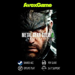 Puede incluir: Imagen promocional de "Metal Gear Solid 4: Snake Eater" con un primer plano del rostro de un hombre con un diseño militar. El título del juego se muestra, junto con el logotipo de "AvoxGame". Texto adicional indica características como cuentas compartidas y juego sin conexión.
