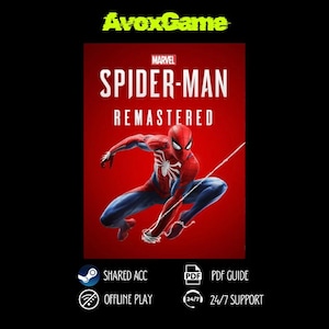 May include: A red and blue Spider-Man video game cover with the title "Spider-Man Remastered" and the Marvel logo. The image includes the text "Shared Acc", "Offline Play", "PDF Guide", and "24/7 Support". The AvoxGame logo is at the top.