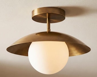 Mid-Century Modern Raw Brass Opal Globe Flush Mount Ceiling Light