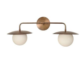 Brass Double Wall Sconce | Mid Century Modern Opal Glass Globe Bathroom & Kitchen Vanity Light