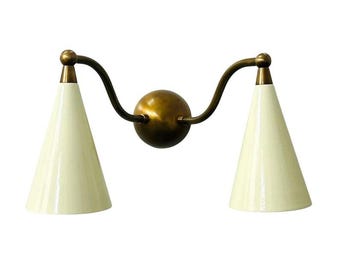 Mid Century Modern Brass Double Wall Sconce, Stilnovo Style Cone Shade