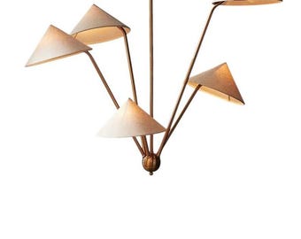 5 Light Art Deco Mid Century Modern Raw Brass Chandelier, Vintage Stilnovo Light Fixture