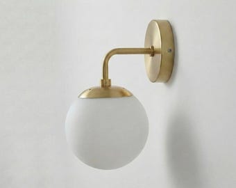 Mid Century Modern Brass Globe Wall Sconce –Bathroom Vanity Light, Bedside Wall Lighting Fixture