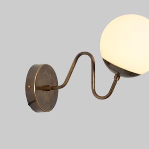 Handmade Antique Brass MCM Wall Sconce | Zig Zag Arm Opal Globe Wall Light