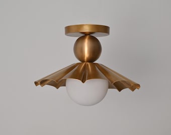 Mid Century Modern Brass Semi Flush Mount Light | Vintage Flower  Ceiling Light | Opal Glass Fixture