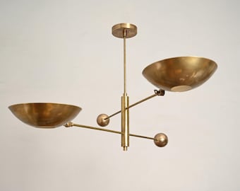 Handcrafted Mid Century Modern Brass Chandelier | 2-Arm Pendant Light | Handmade Antique Brass Ceiling Fixture