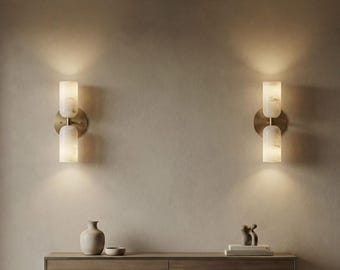 Dubbel vägglampa i alabaster i mitten av århundradet | Vägglampa i mässing | Skandinavisk marmorfärgad sminklampa