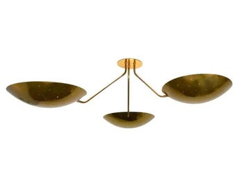 Mid Century Modern Brass 3 Arm Ceiling Light | Sculptural Bowl Flush Mount | Stilnovo Chandelier
