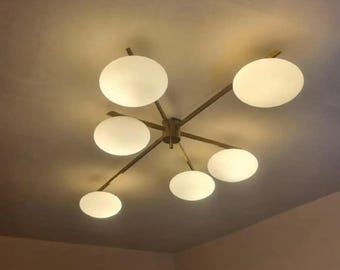 Angelo Lelli-inspirerad infälld ljuskrona | MCM mässingstaklampa | 6-kulformad lampa