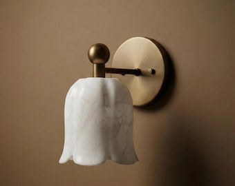 Mid Century Modern Alabaster Wall Sconce | Handcrafted Brass Flower Wall Light | Scandinavian Marble Lamp
