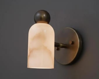 Vägglampa i alabaster i mitten av århundradet | Handgjord vägglampa i mässingsmarmor | Minimalistisk lyxbelysning
