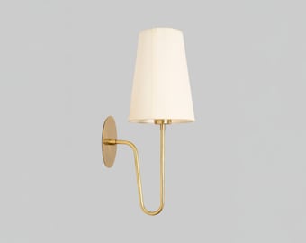 Handcrafted Brass Wall Light with White Fabric Shade | Mid Century Modern Minimal Wall Sconce