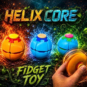 Pode incluir: Três brinquedos fidget esféricos Helix Core em laranja, azul e verde-azulado, cada um com um botão central e design segmentado. O texto HELIX CORE e FIDGET TOY aparece na imagem, rodeado por elementos estilizados de fogo e vinhas.
