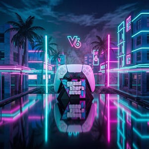 Könnte beinhalten: Ein weißer Videospiel-Controller steht auf einem schwarzen Ständer mit dem Grand Theft Auto-Logo. Die Szene zeigt eine nächtliche Stadtstraße mit leuchtenden pinken und blauen Neonstreifen an Gebäuden, Palmen und dem Schriftzug V6 am Himmel.
