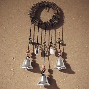 Könnte beinhalten: Rustikaler Wandbehang mit einem geflochtenen Kranz, silbernen Glocken, kleinen Glasfläschchen und dekorativen Perlen. Das Design umfasst einen Halbmond-Anhänger und wird von schwarzen Schnüren gehalten, was eine Boho-Ästhetik erzeugt.