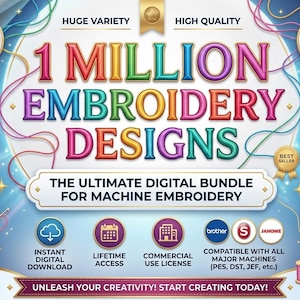 Puede incluir: Anuncio de un paquete digital de diseños de bordado con el texto "1 MILLION EMBROIDERY DESIGNS". La imagen muestra ejemplos de bordados florales, animales y alfabéticos. También se ve una máquina de coser y carretes de hilo.