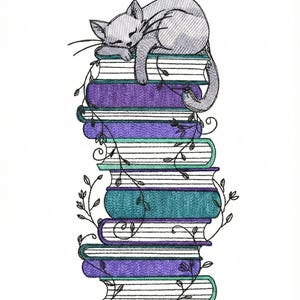 Schlafende Katze auf Büchern Stickdatei | "Library Kitten (dst pe jef hus vp3 Format)"