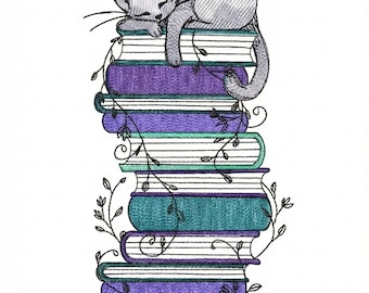 Sleeping Cat on Books Embroidery Design | Library Kitten (dst pes jef hus vp3 Format)