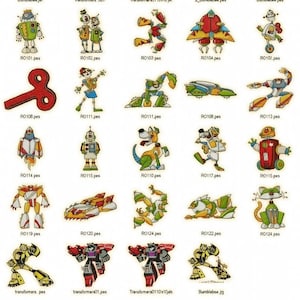 Disegni da ricamo di robot dei cartoni animati, robot dei film d'epoca in formato PES (file digitale)