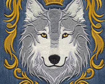 Regal Wolf Embroidery Design | Crown, Gold Frame (DST File)