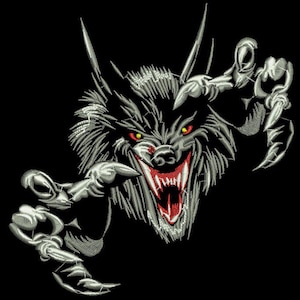 May include: Embroidered design of a snarling wolf with sharp teeth and claws, set against a black background. The wolf's eyes are yellow, and its mouth is red. The design is detailed with gray and white thread.